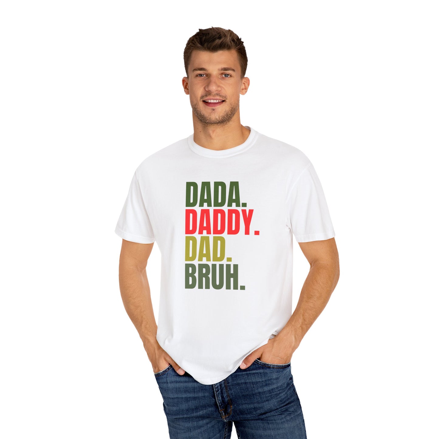 Funny Dad T-Shirt with Dada, Daddy, Dad, Bruh Text, Perfect for Father's Day, Dad Gifts, Men's Casual Wear, Gift for New Dads, Unisex Tee