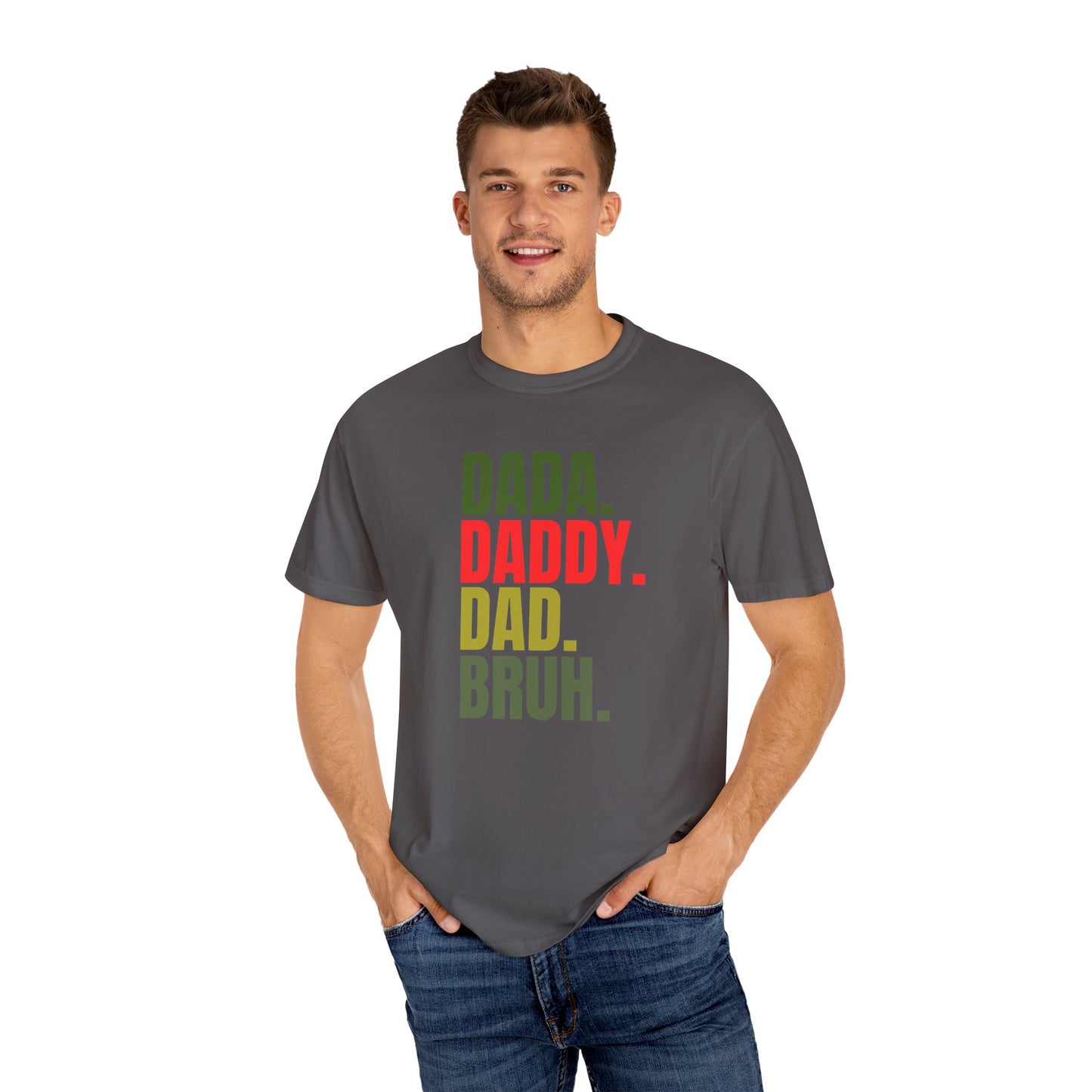 Funny Dad T-Shirt with Dada, Daddy, Dad, Bruh Text, Perfect for Father's Day, Dad Gifts, Men's Casual Wear, Gift for New Dads, Unisex Tee