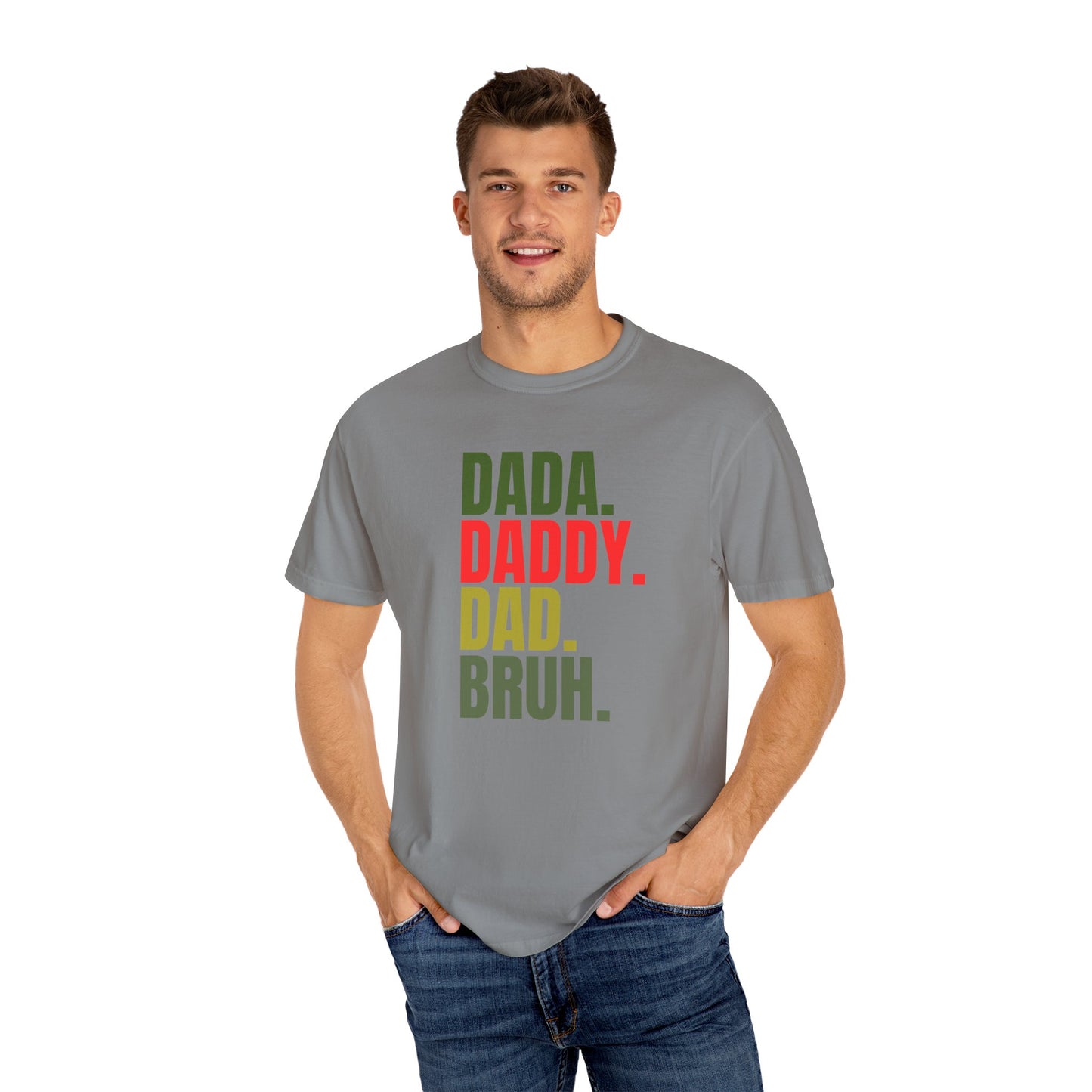 Funny Dad T-Shirt with Dada, Daddy, Dad, Bruh Text, Perfect for Father's Day, Dad Gifts, Men's Casual Wear, Gift for New Dads, Unisex Tee