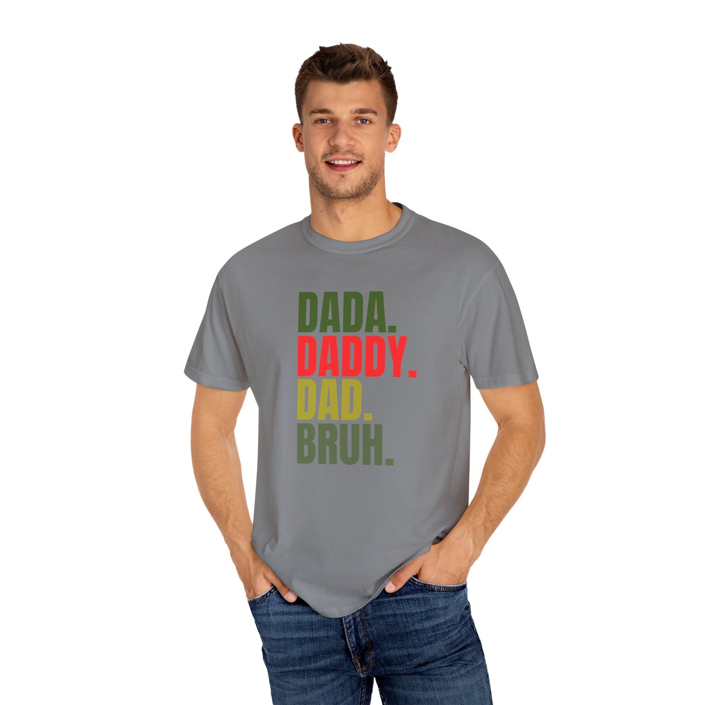 Funny Dad T-Shirt with Dada, Daddy, Dad, Bruh Text, Perfect for Father's Day, Dad Gifts, Men's Casual Wear, Gift for New Dads, Unisex Tee
