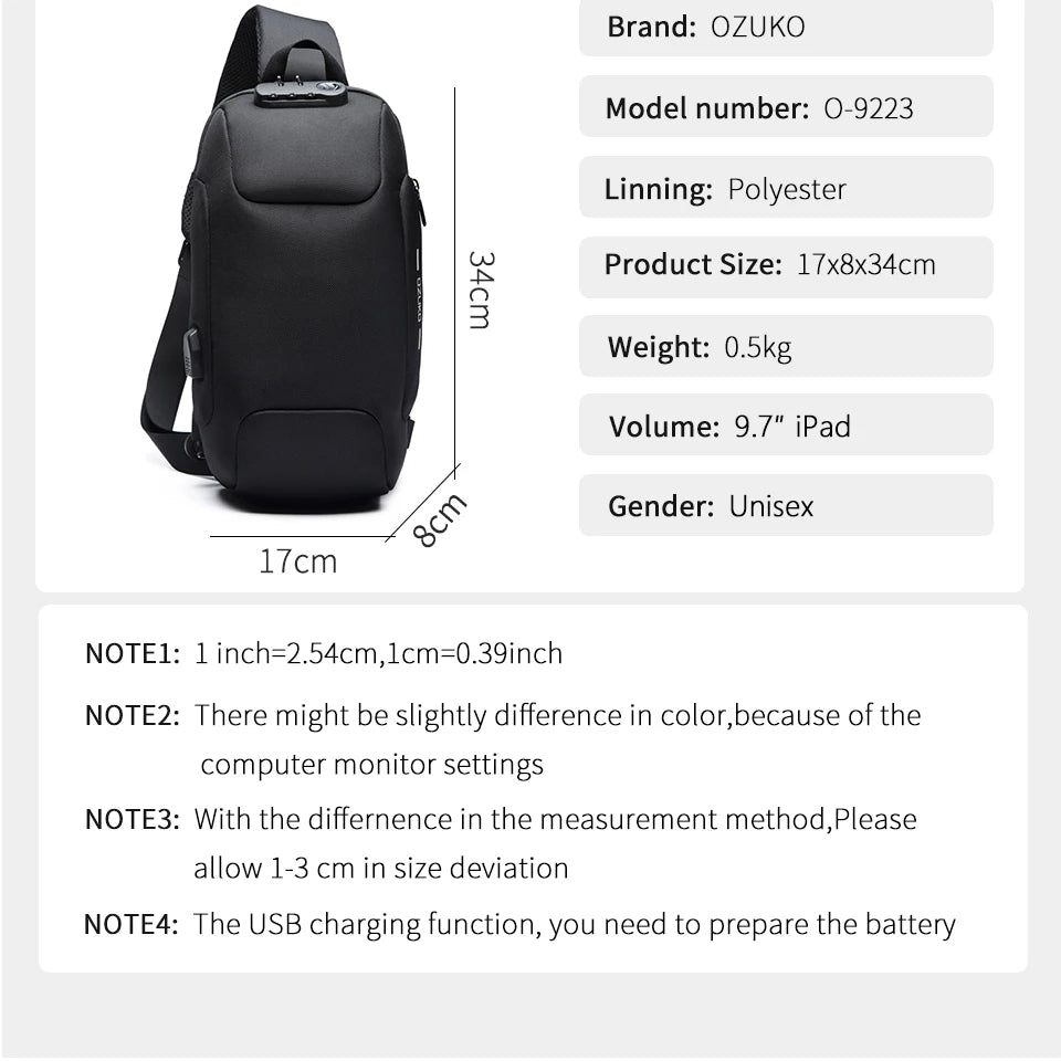 OZUKO Multifunction Shoulder Bag Men Anti-theft Crossbody Messenger Bags for Male Waterproof Short Trip Sling Bag Man Chest Pack
