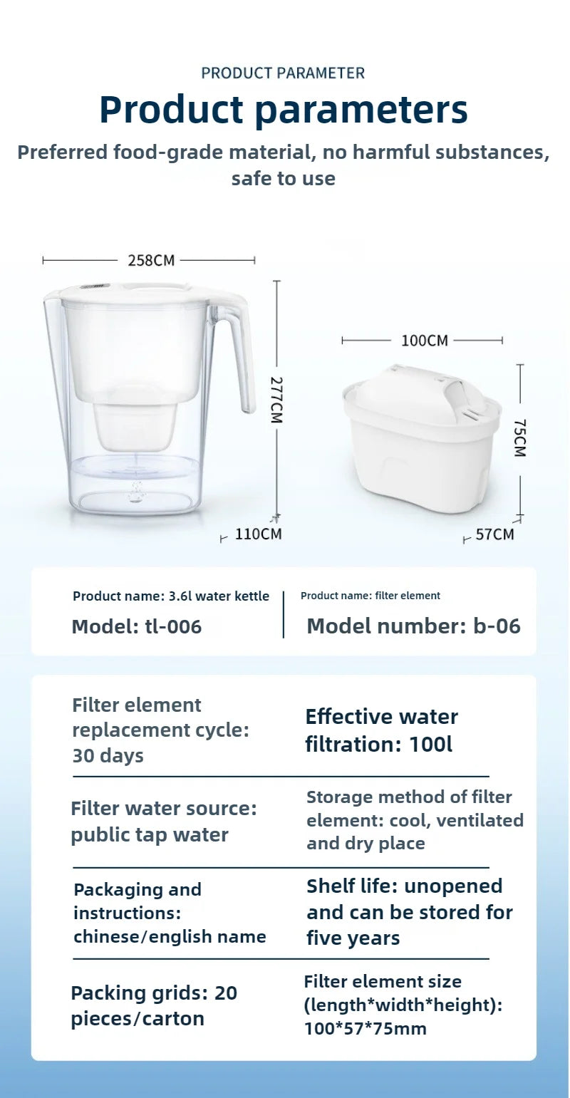 Household Filter Kettle with 1 Filter Device Alkaline Activated Carbon Water Purifier and Timer Clean Non-toxic Filter Wate 3.5L